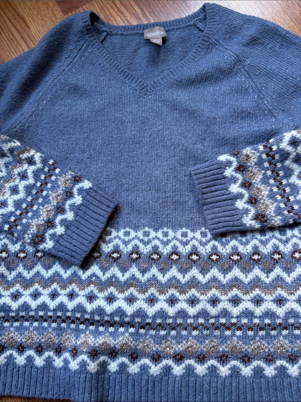 Chico's Slate Blue Fair Isle V-Neck Sweater